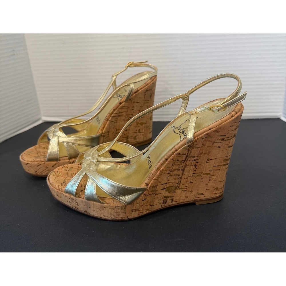 Christian Louboutin Lady Zeppa Gold Leather Strappy Cork Wedge Sandals US 7 EU37